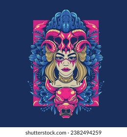 tribe woman artwork with horn and bull accessories and floral bakcground