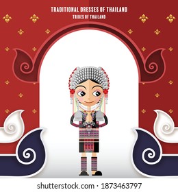 Tribes of thailand  - Cute cartoon characters girl in traditional dresses of thailand or thai traditional dance costume with paper cut art and craft style on paper background.
