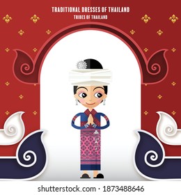 Tribes of thailand  - Cute cartoon characters girl in traditional dresses of thailand or thai traditional dance costume with paper cut art and craft style on paper background.
