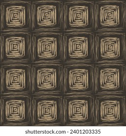 Triblal square spiral endless tile pattern in dark earth tones. Brown scratched geometric background