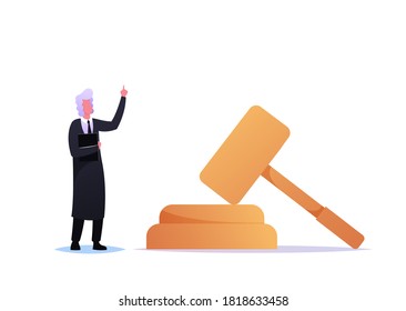 Tribunal or Justice Concept, Grey Haired Judge Character Wearing Black Gown Stand at Huge Gavel. Attorney Lawyer in Court, Judgement System, Litigation, Verdict Sentencing. Cartoon Vector Illustration