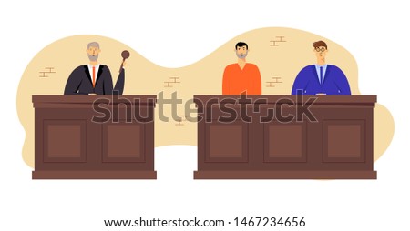Tribunal and Justice Concept, Grey Haired Judge Wearing Black Gown Hold Gavel. Accused Man in Prison Robe Sitting with Attorney Lawyer in Court, Judgement System. Cartoon Flat Vector Illustration