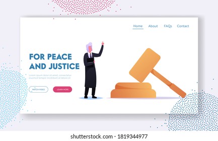 Tribunal or Justice Landing Page Template. Grey Haired Judge Character Wearing Black Gown Stand at Huge Gavel in Court. Judgement System, Litigation, Verdict Sentencing. Cartoon Vector Illustration