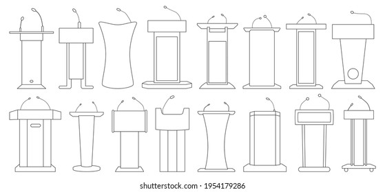 Tribunal Of Of Podium Outline Vector Illustration On White Background . Rostrum And Podium Set Icon.Isolated Vector Illustration Icon Tribunal With Microphone.