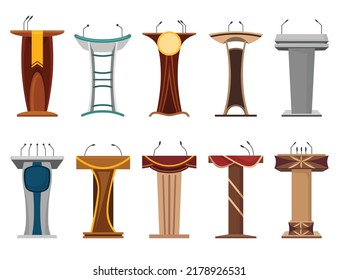 Tribune collection. Stand or debate podiums with microphone for speech. Rostrums for business presentation or conference speech tribunes. Empty platforms for speakers