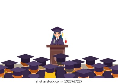 Tribune graduation speech students crowd graduate female solemn character isolated on white flat design vector illustration