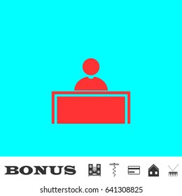 Tribune icon flat. Red pictogram on blue background. Vector illustration symbol and bonus buttons Music center, corkscrew, credit card, house, drum