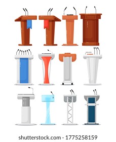 Tribune icon set. Isolated debate podium tribune with microphone icon collection. Vector wooden and metal conference rostrum stand. Business speech, communication and presentation concept