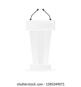 Tribune Isolated Vector. White Clean Podium Tribune Rostrum Stand. With Microphones.