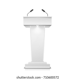 Tribune Isolated Vector. White Clean Podium Tribune Rostrum Stand. With Microphones. Illustration 