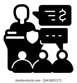 Tribune with judge man and jury audience solid icon, family lawyer concept. Vector graphics. Court public case process sign on white background, style mobile or design