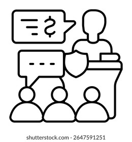 Tribune with judge man and jury audience thin line icon, family lawyer concept. Vector graphics. Court public case process sign on white background, style mobile or design