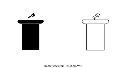 Tribune with microphone. Flat vector icon. Public speaking sign.	