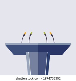 Tribune with microphone for press conference and announce. Journalist press and microphone, conference interview, journalism and mass news, vector illustration