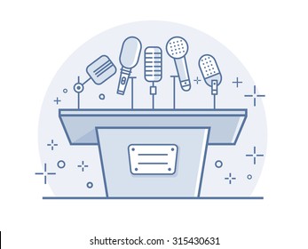 Tribune with microphones. Conference and debate, podium for presentation, tribune for seminar, line vector illustration