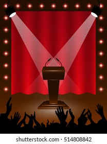 Tribune for performances speaker with microphones on stage, spotlights cheering fans background for design activities. Vector illustration.