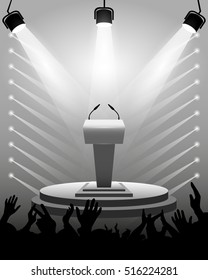 Tribune for performances speaker with microphones on stage, spotlights, cheering fans, background as a template for design activities. Vector illustration.