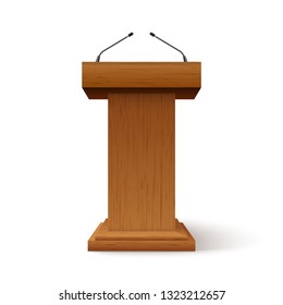 Tribune Podium Rostrum Speech Stand. Conference Stage With Microphone, Press Or Debate Speaker Isolated Orator Pulpit.