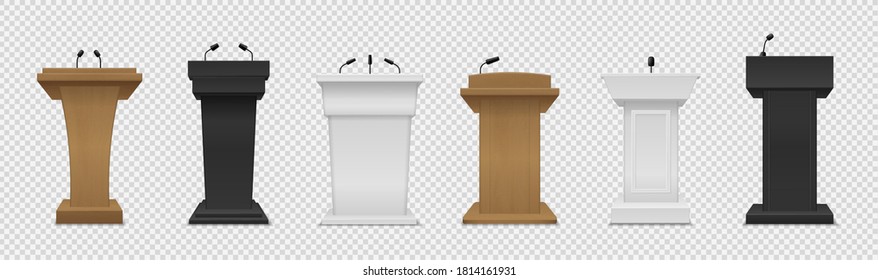 Tribune set. Realistic different color podiums with microphones ,front view pedestals for lecture, award ceremony, press interview and political debate 3d empty platform for speakers vector isolated set