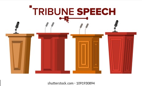 Tribune Set Vector. Podium Rostrum Stand With Microphones. Business Presentation Or Conference, Debate Speech. Flat Cartoon Illustration
