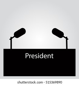 Tribune a silhouette an icon for an interview, the speaker of a press a conference. The microphone on a light background. Vector illustration.