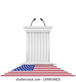 Tribune, Speaker' Podium. The US Presidential Election 2020. American Flag. Vector Illustration.