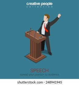 Tribune speech business politics concept flat 3d web isometric infographic vector. Emotional report presentation to audience voter electorate. Creative people collection.