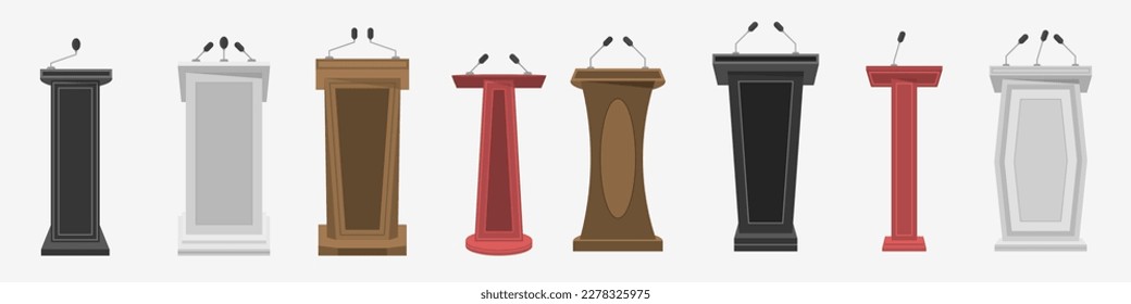 Tribune, stage, stand or debate podium rostrum with microphones. Collection of realistic 3d pedestal, wooden tribune and podium with microphone for speech. Business presentation or conference. Vector.