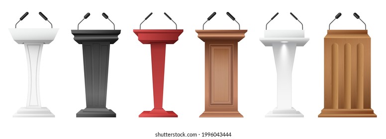 Tribunes set. Realistic podiums with microphones, winner or speaker pedestals for lecture, award ceremony, press interview and political debate. 3d vector illustration