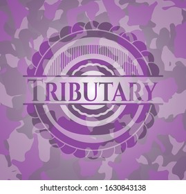 Tributary pink and purple written on a camo texture. Vector Illustration. Detailed.