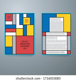 Tribute to Mondrian and de stijl, checkered piet mondrian style emulation. Netherlands art history. Dutch mosaic & line pattern background suitable for brochure, flyer, annual report, catalog design.