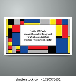 Tribute To Mondrian, De Stijl, Vector Layout Of 1600 X 900 Pixels Abstract Geometric Background Suitable For Web Banner, Business Presentation & Print Templates. A Piet Mondrian Style Emulation.