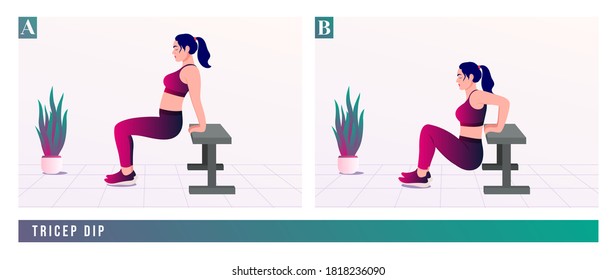 Tricep Dip exercise, Women workout fitness, aerobic and exercises. Vector Illustration.	