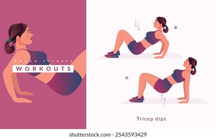 Exercício de mergulho Tricep, fitness treino da mulher, aeróbica e exercícios.