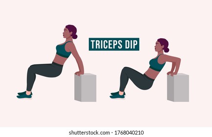 Triceps Dip exercise, Woman workout fitness, aerobic and exercises. Vector Illustration.