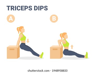 Triceps Dips Female Home Workout Exercise Guidance. Colorful Concept of Girl Home Weight Loss Workout. Woman Working on Her Triceps Using Box. Outline Vector Clipart.