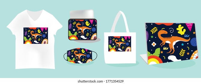 Triceratops background with Mockup templates vector illustration. tote bag, pouch, t-shirt, mask, skin laptop