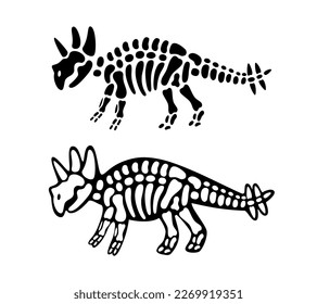 Triceratops bones and skull. Triceratops skeleton. Prehistoric animal silhouette. Paleontology and archeology. Prehistoric creature bones