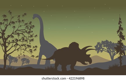 triceratops and Brachiosaurus silhouette in the hills