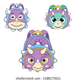 Triceratops Cartoon school backpack icon. Vector illustration isolated on a white background