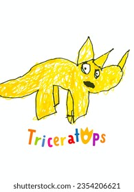 Triceratops children's drawing. Triceratops dinosaur in cartoon style on white background. Vector colored pencil illustration for t-shirt or birthday card for kids