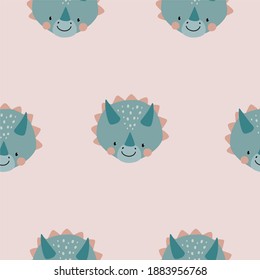 Triceratops cute dino portrait. Vector seamless pattern with cute dinosaur for kids