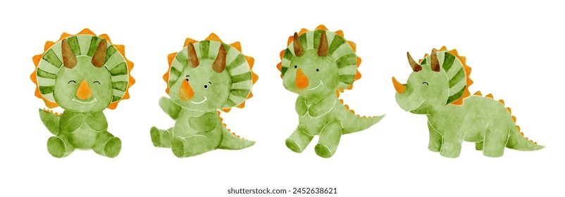 Triceratops . Cute dinosaur cartoon characters . Watercolor paint design . Set 17 of 20 . Vector .