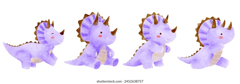 Triceratops . Cute dinosaur cartoon characters . Watercolor paint design . Set 16 of 20 . Vector .