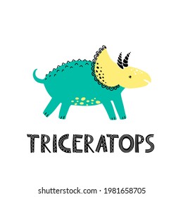 Triceratops süße Vektorfigur. Laufende Dinosaurierklammer mit Schrift. Flache Vektorgrafik mit getrennten Elementen.
