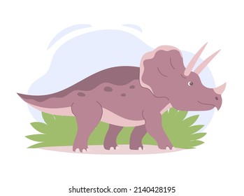 Triceratops with dangerous horns. Herbivore strong dinosaur of the Jurassic period. Nature background. Flat vector illustration