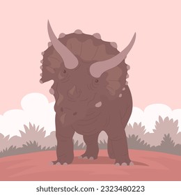 Triceratops with dangerous horns. Herbivore strong dinosaur of the Jurassic period. Big lizard. Nature background. Cartoon vector illustration. Picture for paleontology