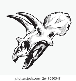 Tricerátops Dinossauro Caveira Animal Digital Mão desenhada Linha Desenho Vetor ilustração preto e branco 