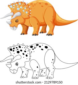 Triceratops dinosaur with its doodle outline on white background illustration