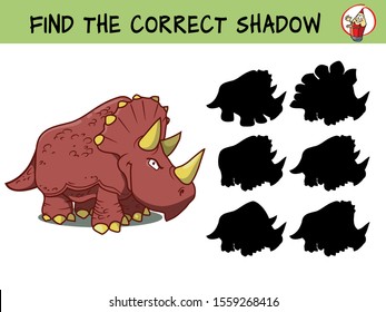 Triceratops dinosaur. Find the correct shadow. Educational game for children. Cartoon vector illustration